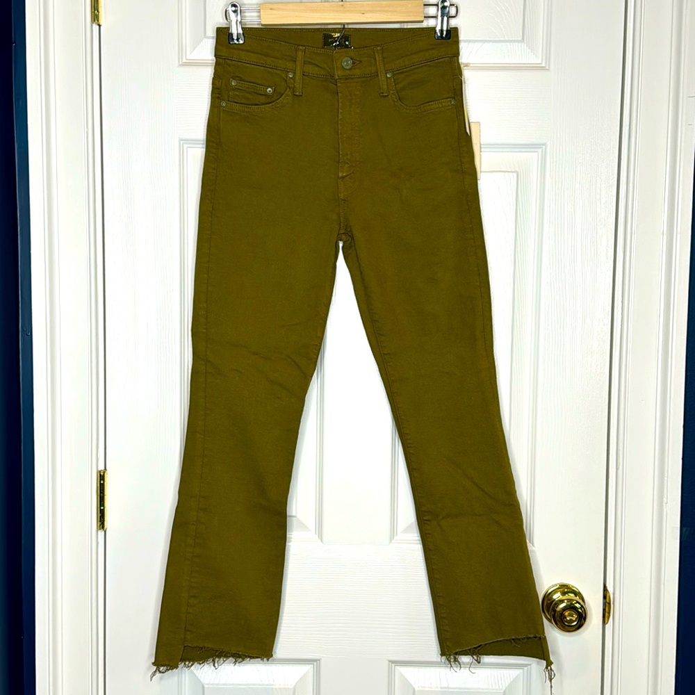 MOTHER Olive Green Flare Jeans with Raw Hem